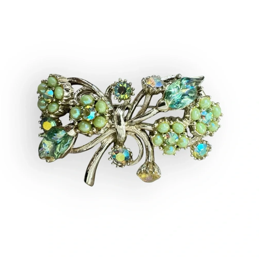 HOLLYCRAFT Vintage 1960s Green Aurora Borealis Rhinestone Floral Spray Brooch